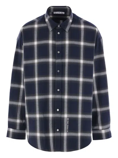 Acne Studios Checked Collared Shirt Cuffed Sleeves In Blue