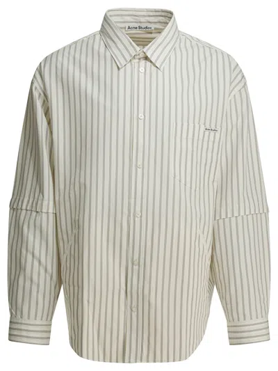 Acne Studios Longline Striped Shirt Button Down Collar Pocket In Neutral