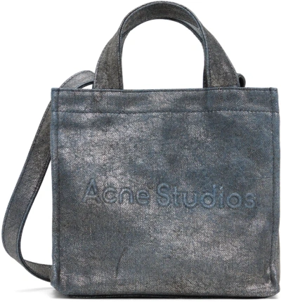 Acne Studios Mini Lunar Logo Coated Cotton Tote Bag In Blue,silver