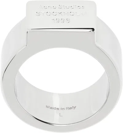 Acne Studios Silver Logo Engraved Signet Ring In Metallic