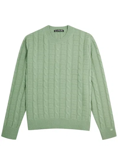 Acne Studios Smiley Face Cable-knit Wool-blend Jumper In Sage