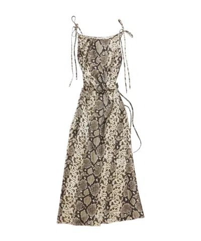 Acne Studios Snake Print Midi Dress With Side Slit In Brown