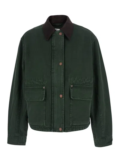 Acne Studios Stitched Detail Cotton Front-zip Jacket With Side Pockets In Green