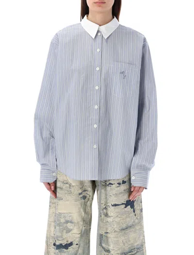 Acne Studios Striped Cotton Poplin Shirt With Embroidered Logo And Classic Collar In Blue_white_stipe