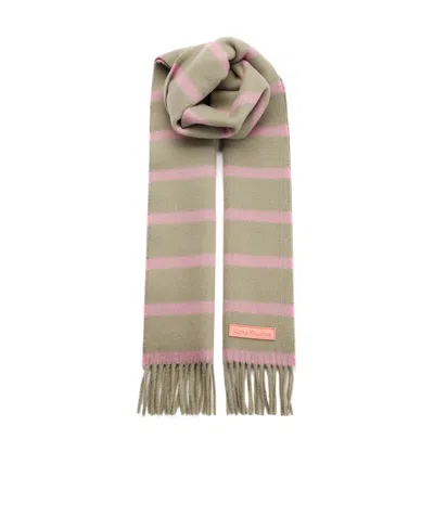 Acne Studios Striped Logo Patch Fringed Scarf In Nude