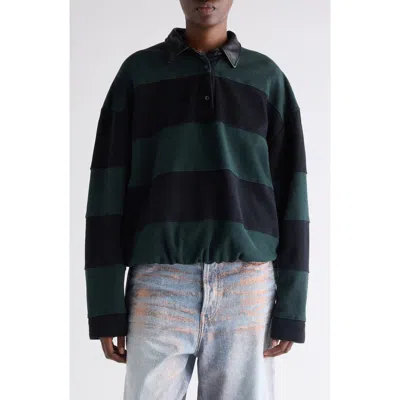 Acne Studios Striped Organic Cotton Fleece Polo Sweatshirt In Green