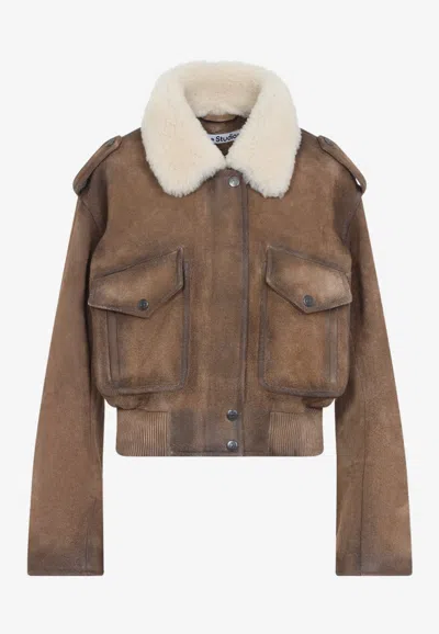 Acne Studios Suede Leather Cropped Bomber Jacket With Shearling Collar In Camel