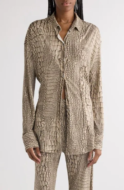 Acne Studios Suri Croc Print Jersey Button-up Shirt In Multi Grey