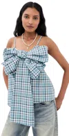 Acne Studios Cotton Check Bow Blouse In Blue