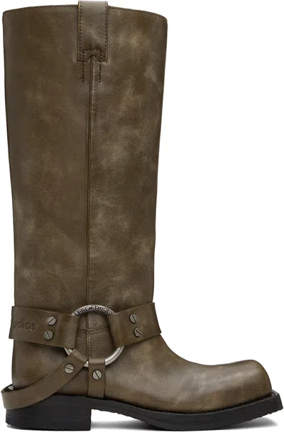 ACNE STUDIOS TAUPE LEATHER BUCKLE TALL BOOTS