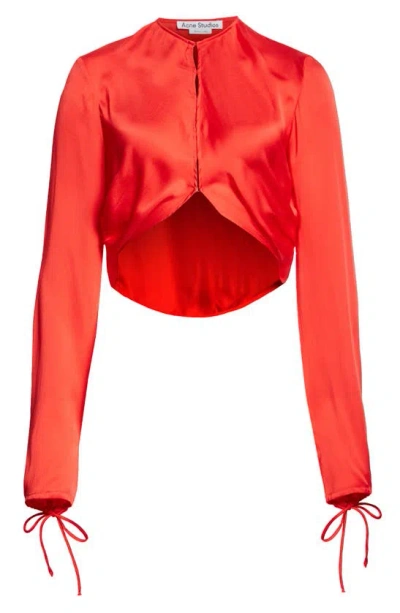Acne Studios Tido Long Sleeve Silk Charmeuse Crop Top In Bright Red