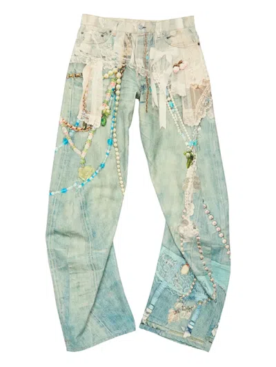 Acne Studios Distressed Printed Barrel-leg Jeans In Blue