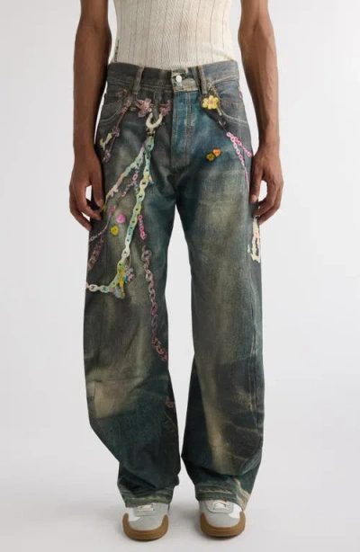 Acne Studios Trompe L'oeil Baggy Wide Leg Cotton Canvas Pants In Mid Blue