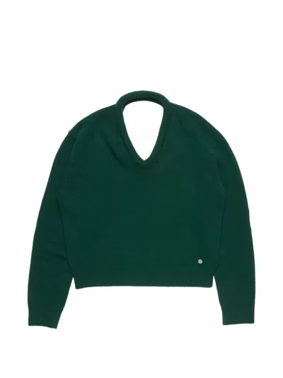 Acne Studios V-neck Leather-patch Sweater In Green