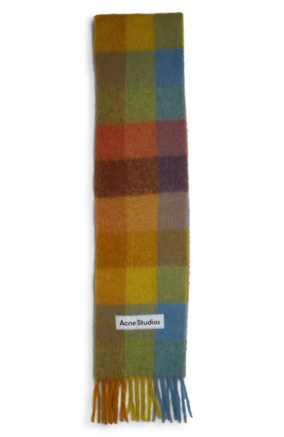 Acne Studios Vally Plaid Alpaca, Wool & Mohair Blend Scarf In Yellow/powder Blue/brown