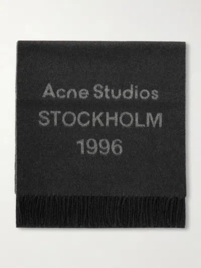 Acne Studios Venus 1996 Logo-jacquard Fringed Wool Scarf In Gray