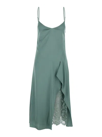 Acne Studios V-neck Soft Satin Dress With Waist Belt And Long Silk Sleeves In Multi