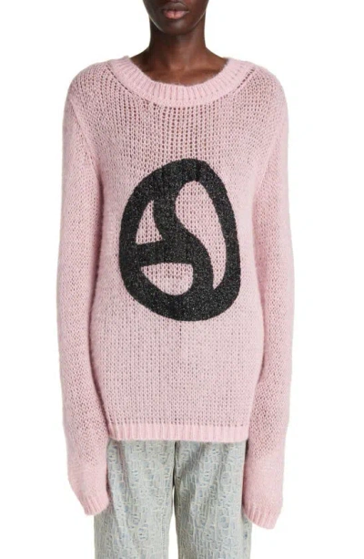 Acne Studios Warped Logo Open Knit Crewneck Sweater In Blush Pink