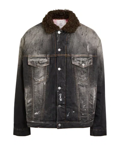 Acne Studios Washed Paint Splattered Faux Shearling Denim Jacket In Brown