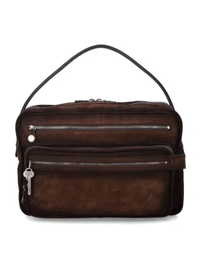 Acne Studios Waxed Suede Mini Camera Handbag With Crossbody Strap In Dark Brown