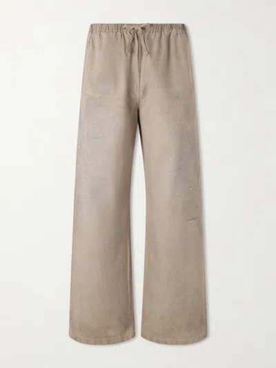 Acne Studios Wide-leg Paint-splattered Cotton-twill Trousers In Brown