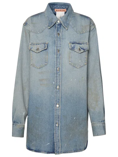 Acne Studios Distressed Cotton Blend Shirt With Chest Pockets In Blue