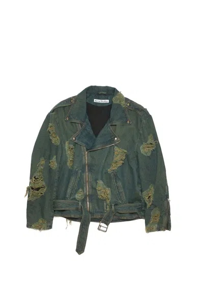 Pre-owned Acne Studios Women's  Distressed Denim Biker Jacket In Blue/green In Multi