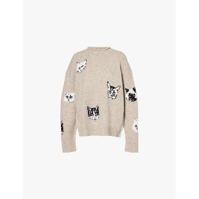 Acne Studios Womens Beige Cat-print Knitted Wool-blend Jumper