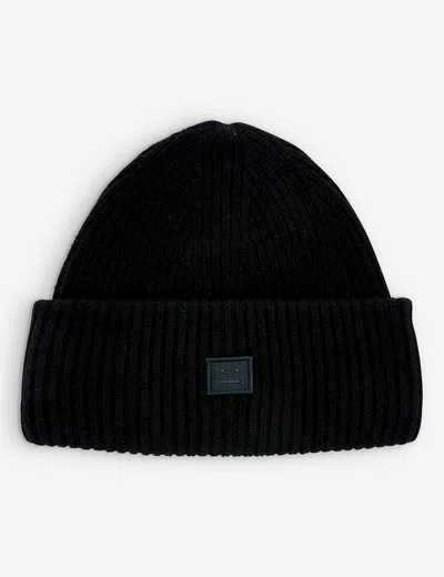 Acne Studios Womens Black Pansy Logo-patch Wool Beanie Hat