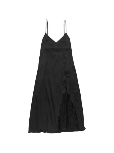 Acne Studios Satin Midi Dress With Asymmetrical Overlay And Lace Detailing In Black