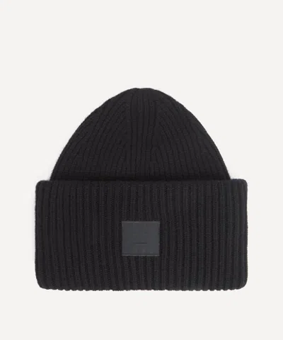 Acne Studios Women's Large Face Logo Ribbed Beanie Hat In Black