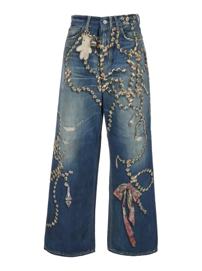 Acne Studios Women Light Blue Jeans With Trompe-l'oeil Print On Front And Rear And Logo Patch On The