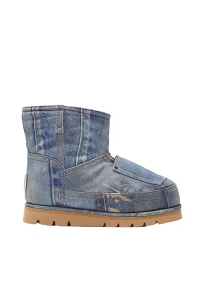 Acne Studios Blue Batter Low Print Denim Boots