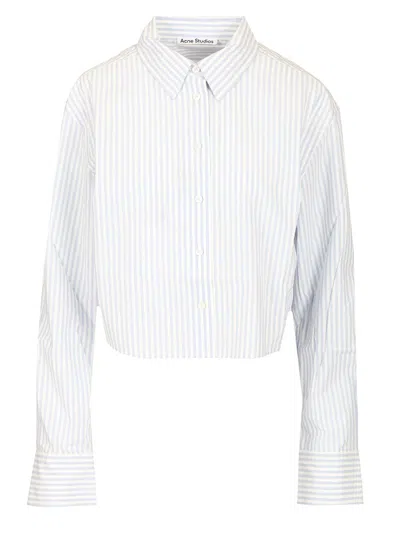 Acne Studios Womens Light Blue White Logo-print Striped Cropped Cotton Shirt