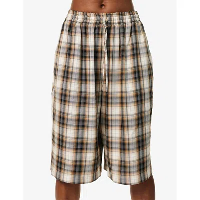 Acne Studios Womens Check-print Logo-embroidered Woven Shorts Beige Black