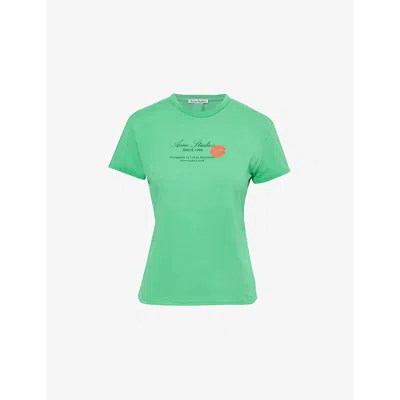 Acne Studios Womens Logo Text-print Round-neck Cotton T-shirt Bright Green