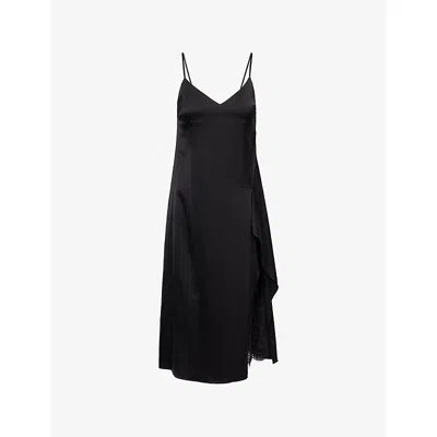 Acne Studios Womens Black Docketta Lace-trim Satin Midi Dress