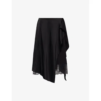Acne Studios Womens Black Inouka Lace-trim Satin Midi Skirt