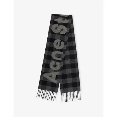 Acne Studios Womens Black/grey Script Checked Wool-blend Scarf In Multi