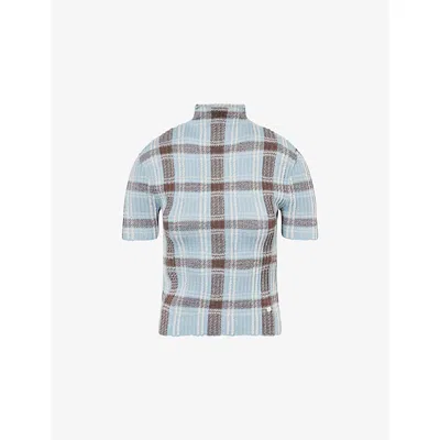 Acne Studios Womens Blue Brown Check-print Ribbed Stretch-wool Blend Top