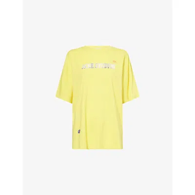 Acne Studios Womens Bright Yellow Frayed-logo Short-sleeve Cotton-jersey T-shirt Xs