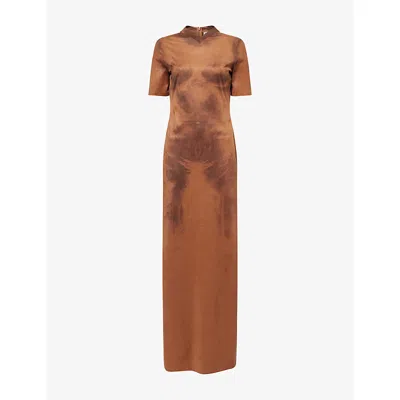 Acne Studios Womens  Dueda Printed Faux-suede Maxi Dress In Brown
