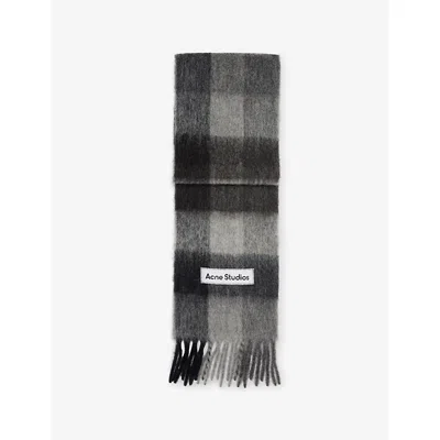 Acne Studios Womens Dark Black/grey Checked Fringed Knitted Scarf