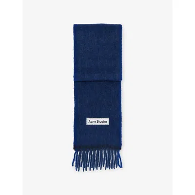 Acne Studios Womens Dark Navy/black Logo-tab Fringed Knitted Scarf In Blue