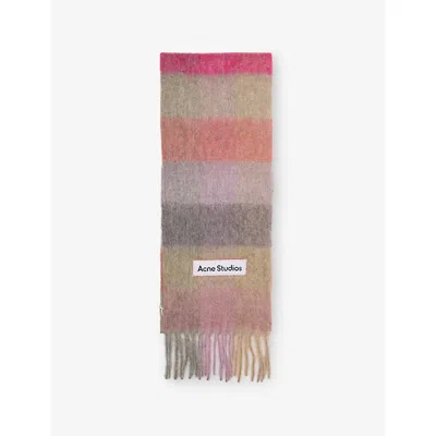 Acne Studios Womens Dark Navy/black/blue Check Fringed Wool-blend Scarf