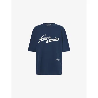 Acne Studios Womens Deep Blue Logo-embroidery Relaxed Cotton-piqué T-shirt