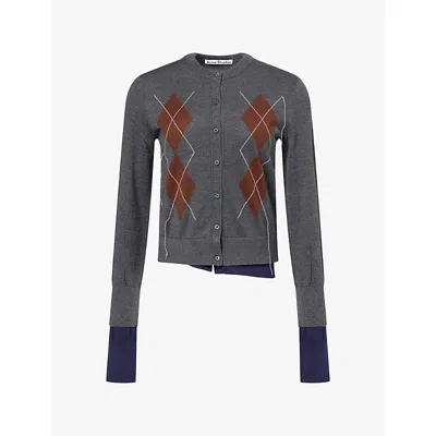 Acne Studios Womens Double-layered Argyle-pattern Silk-blend Cardigan Dark Grey Multi Xs