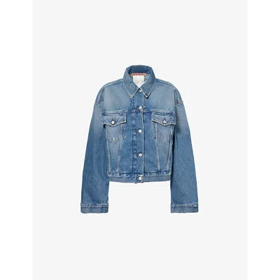 ACNE STUDIOS WOMENS MID BLUE ROWAN COLLAR WHISKERING DENIM JACKET