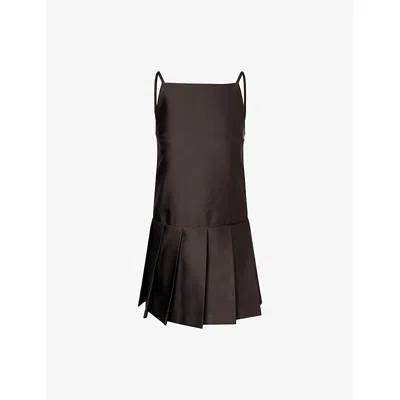 Acne Studios Womens Pleated Satin Mini Dress Dark Chocolate Brown