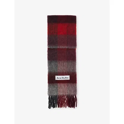 Acne Studios Womens Red/black Checked Fringed Knitted Scarf In Multi